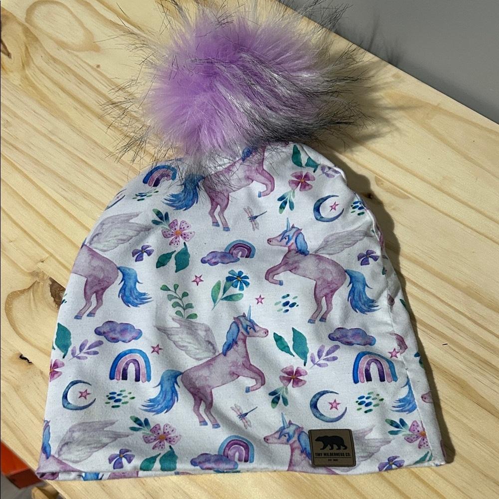 Girls Unicorn Print Kids Hat with Removeable Pom Pom